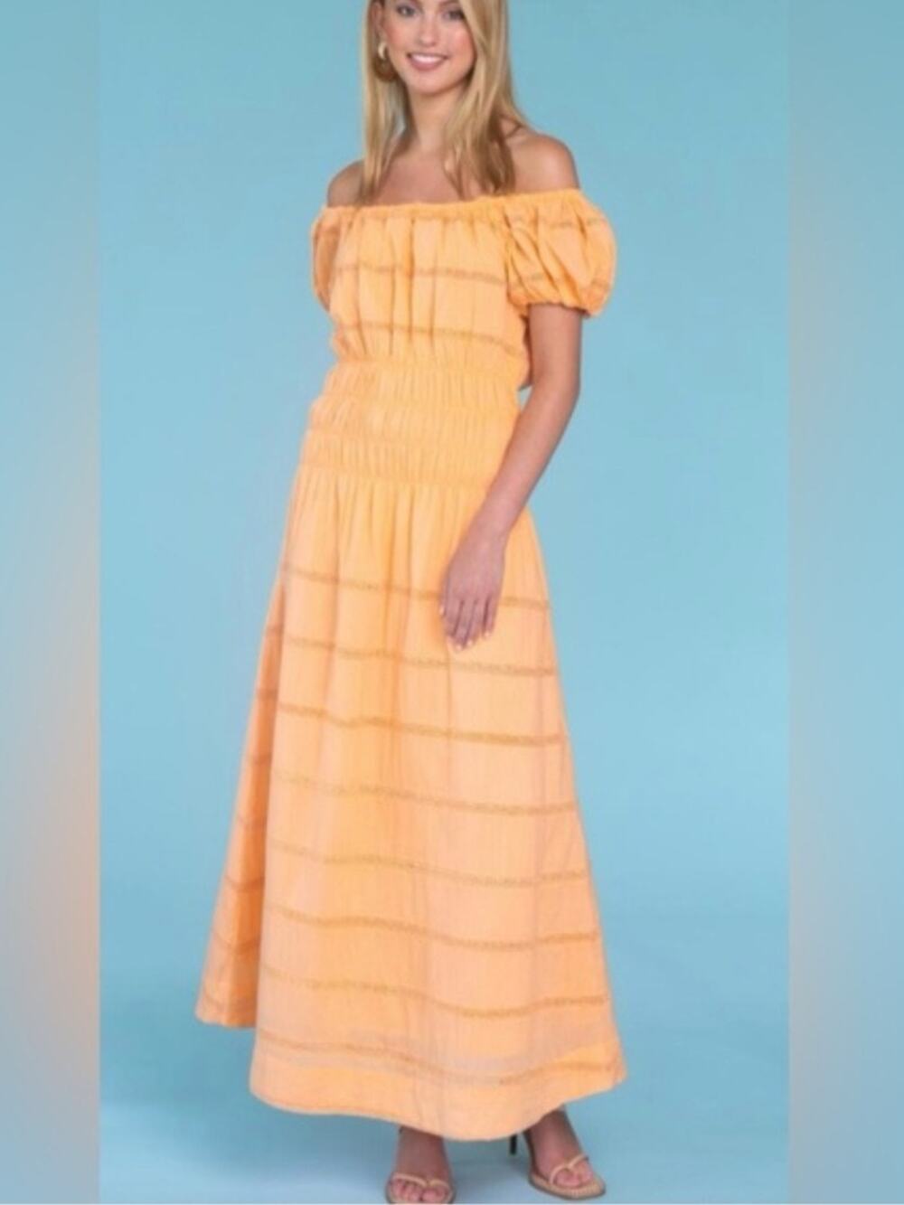 Olivia James Pastel Peach Orange Crochet Tiered Maxi Sun Dress XS Boho Preppy